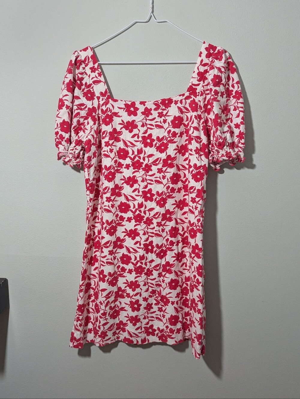 Draper James RSVP Sz Small Floral Linen Lined Mini Dress Puff Sleeve Red White